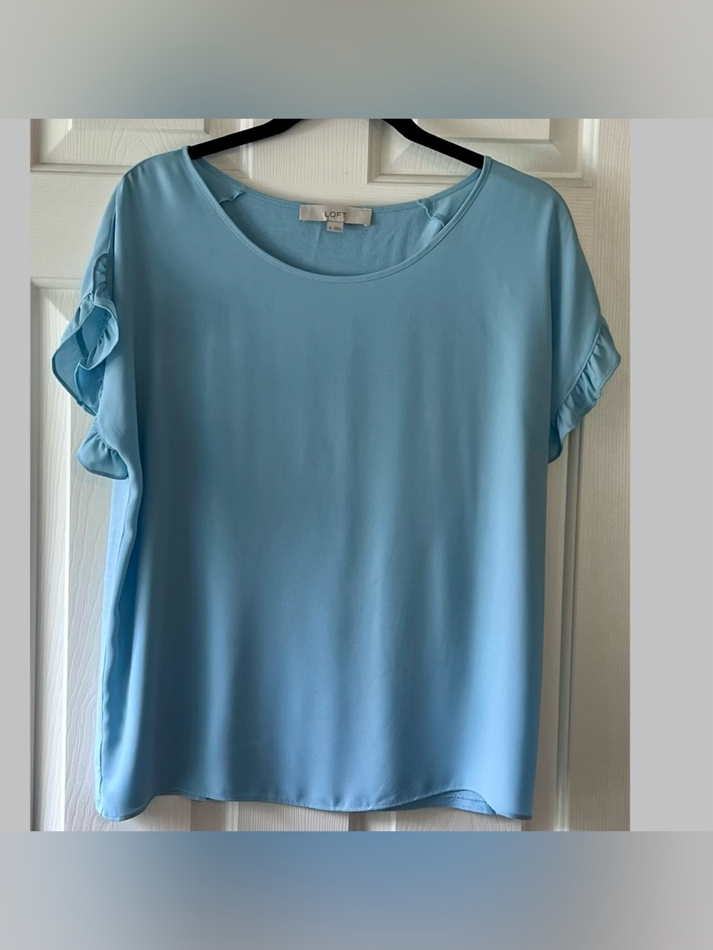LOFT Light Blue Short Sleeve Ruffle Detail Blouse